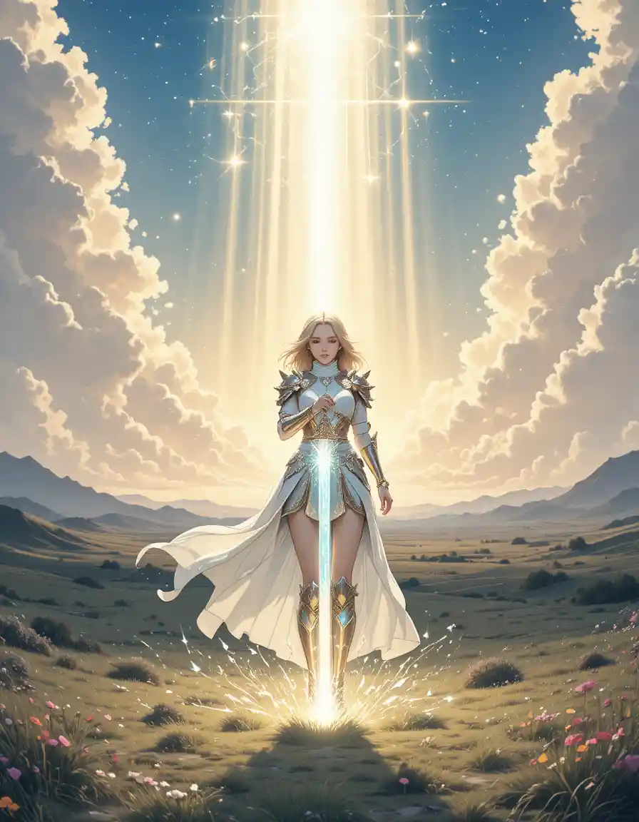 Young warrior girl with glowing sword on sacred plain