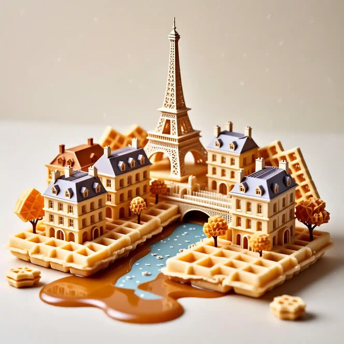 Città di Parigi in miniatura fatta di waffle con fiume di sciroppo su sfondo neutro