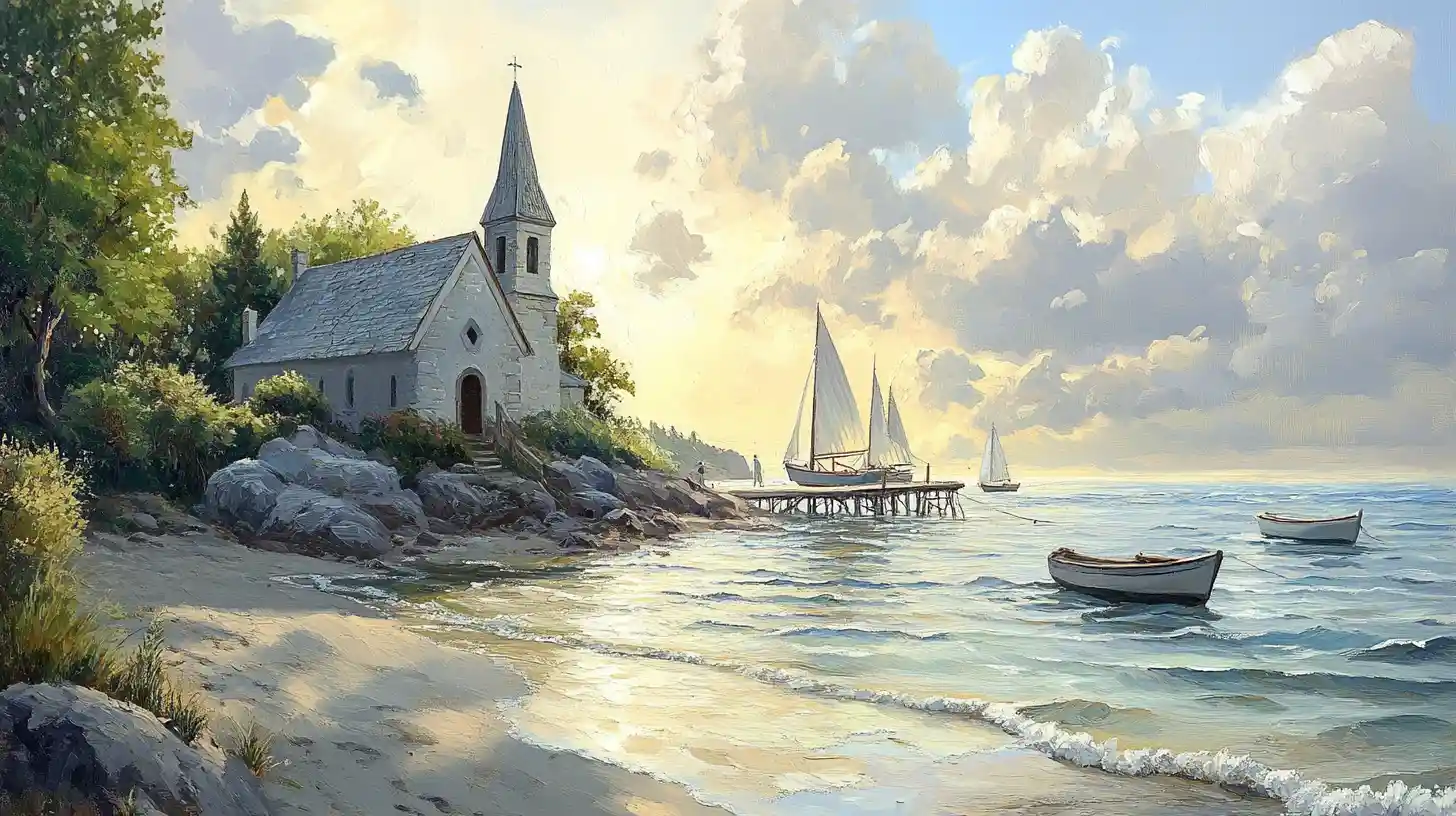 Ancient seaside church with boats and calm reflective water