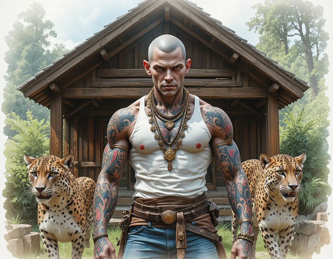 Intimidating humanoid boar hybrid with leopards outdoors