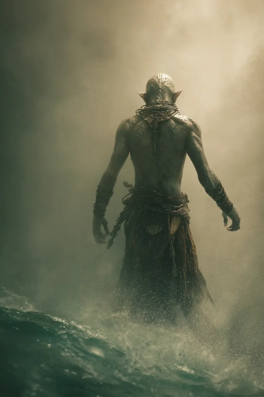 Triton warrior sneaking along a shadowy fantasy shoreline