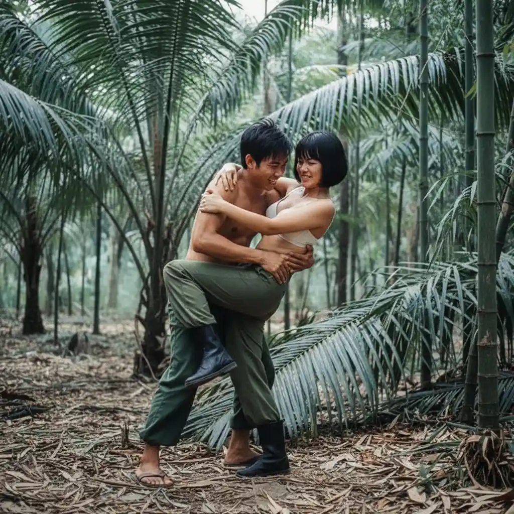 Combate cuerpo a cuerpo juguetón entre soldados vietnamitas sin camiseta