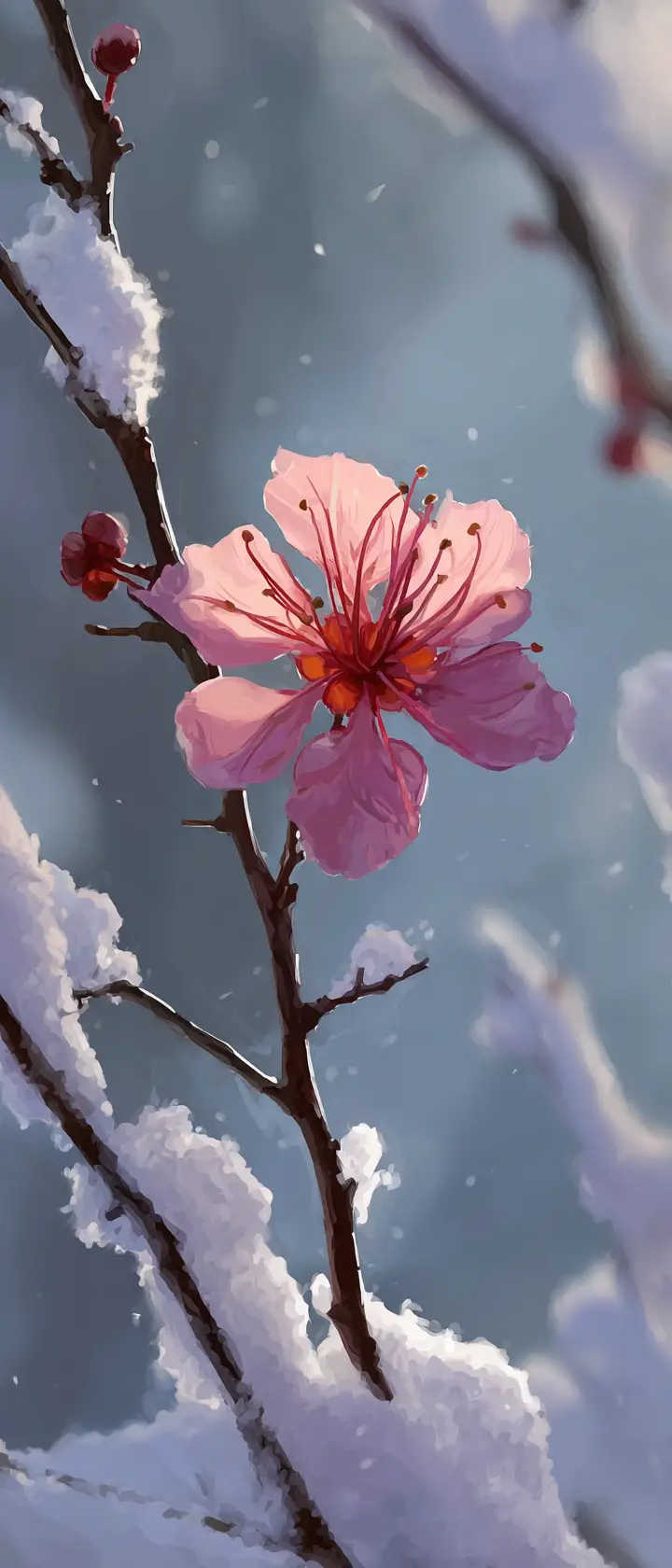 Lone Cherry Blossom Petal On Snow Covered Branch At Dawn