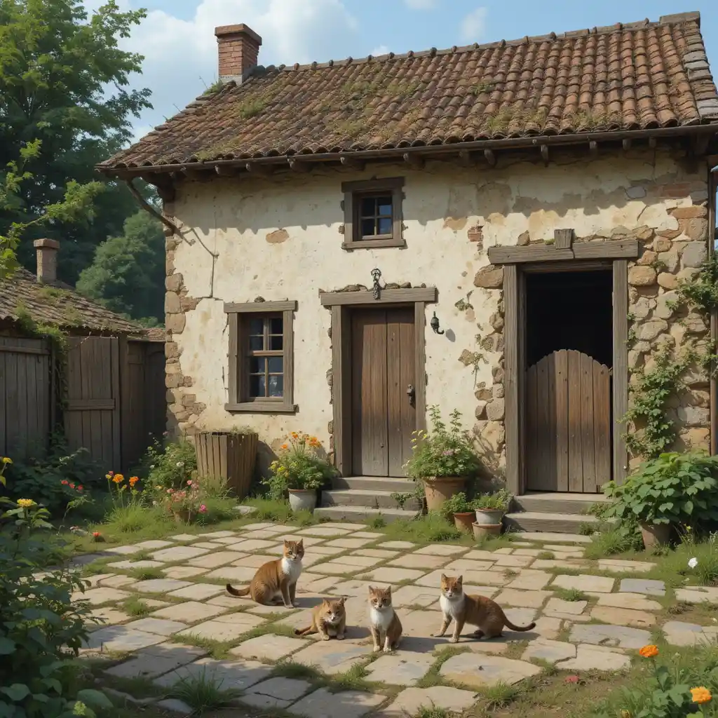Hof eines alten Dorfhauses mit einer Katze und ihren Kätzchen