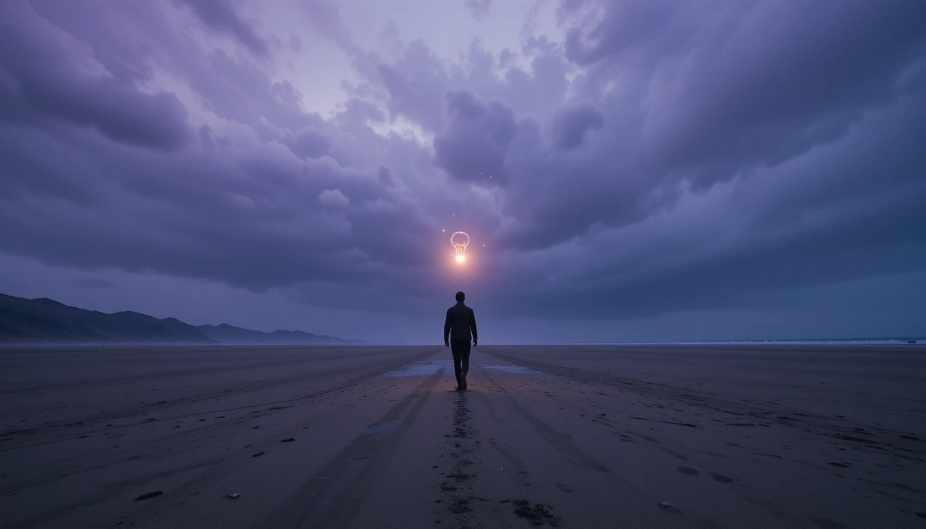 Solitary figure walking along a vast empty beach