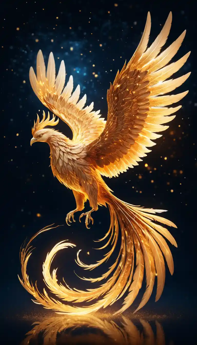 Majestic golden phoenix of light in a winter night sky