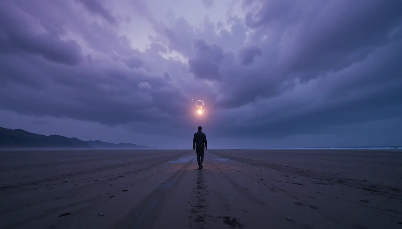 Solitary figure walking along a vast empty beach