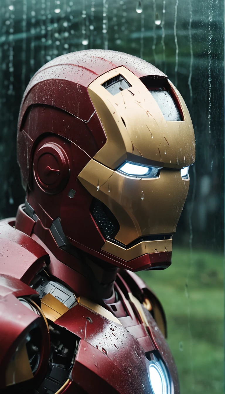 Pov view of a damaged helmet reflected on rainy glass