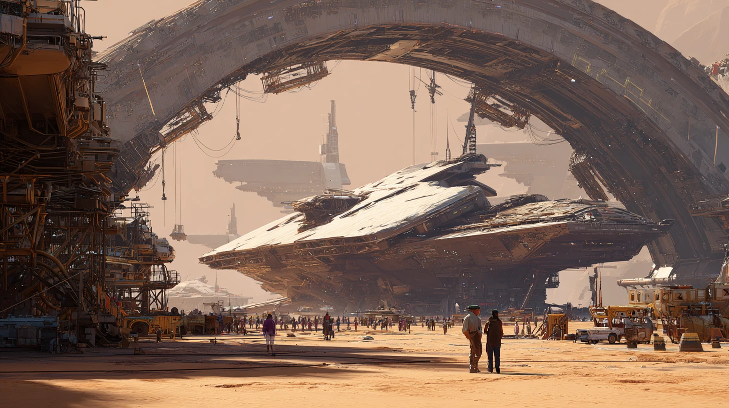 Gigantic spaceships docked at a desert refit station