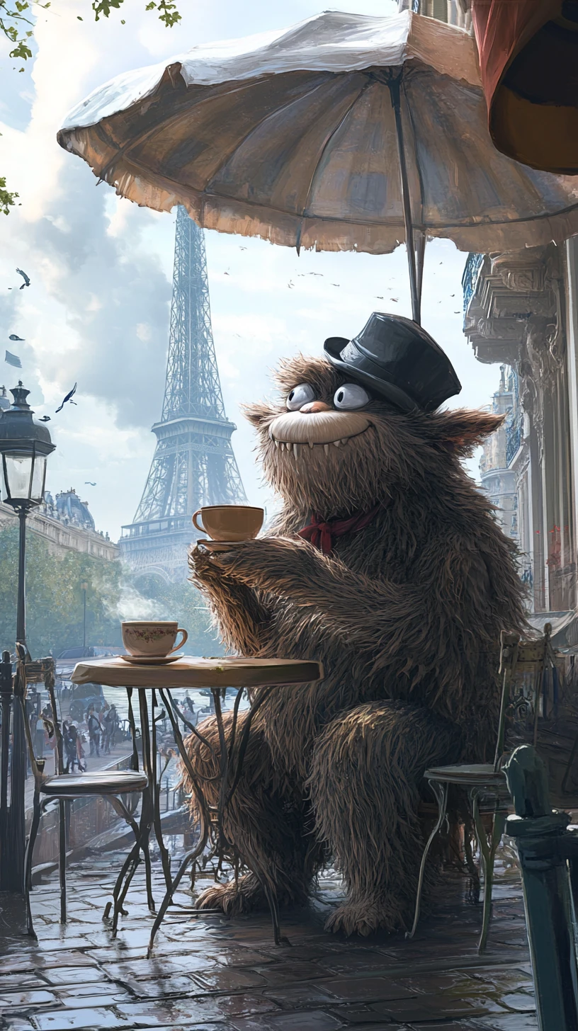 Dolce mostro peloso che sorseggia tè in un caffè di Parigi