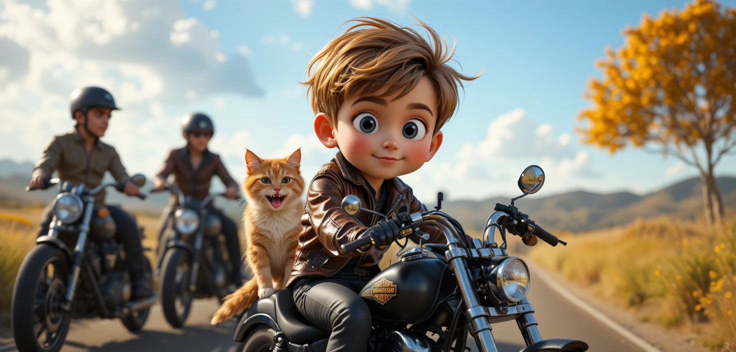 Piccolo bambino biker in moto con peluche a forma di gatto
