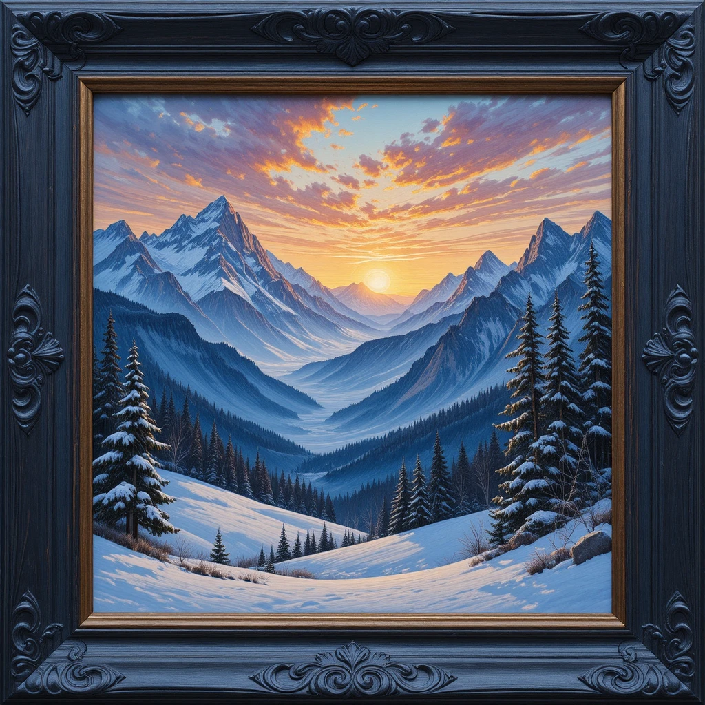 Montagne invernali tranquille che brillano dolcemente al tramonto