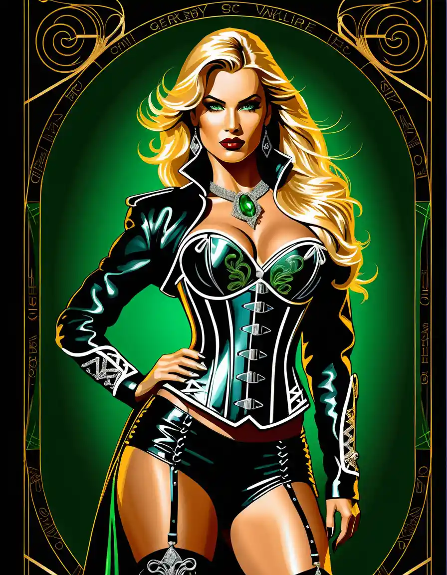 Pin-up de valquiria moderna con corsé de cuero negro glamuroso