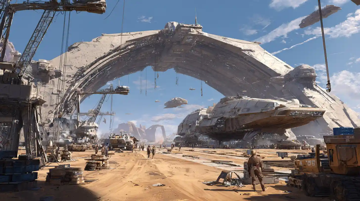 Gigantic spaceships under a futuristic desert refit station