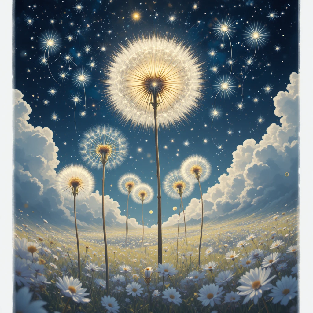 Realistisch leuchtende Löwenzahnblüten in einer traumhaften Himmelslandschaft
