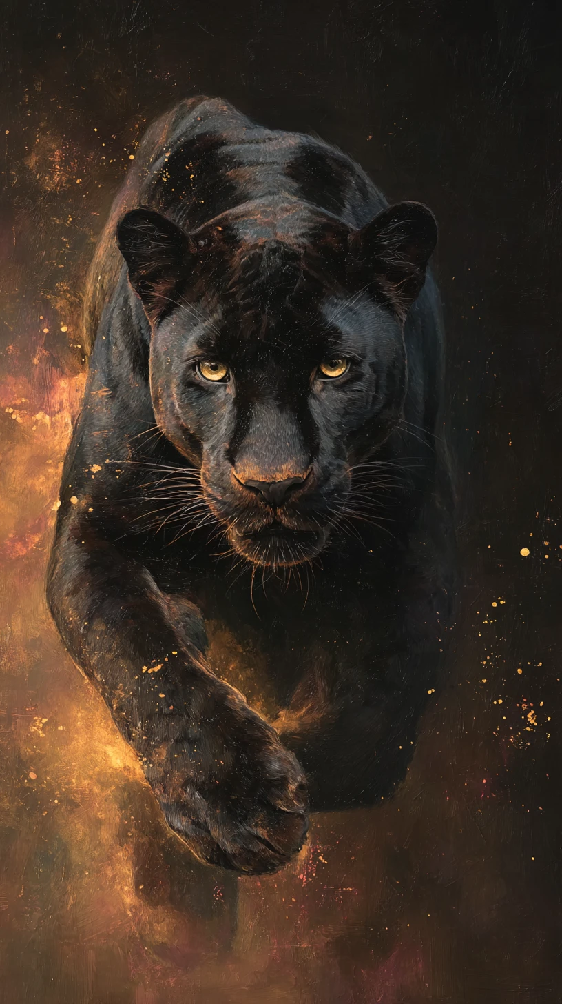 Black panther leaping through blazing hoop in dark close up