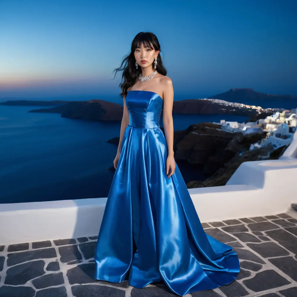 Elegant woman in blue satin gown at Santorini night