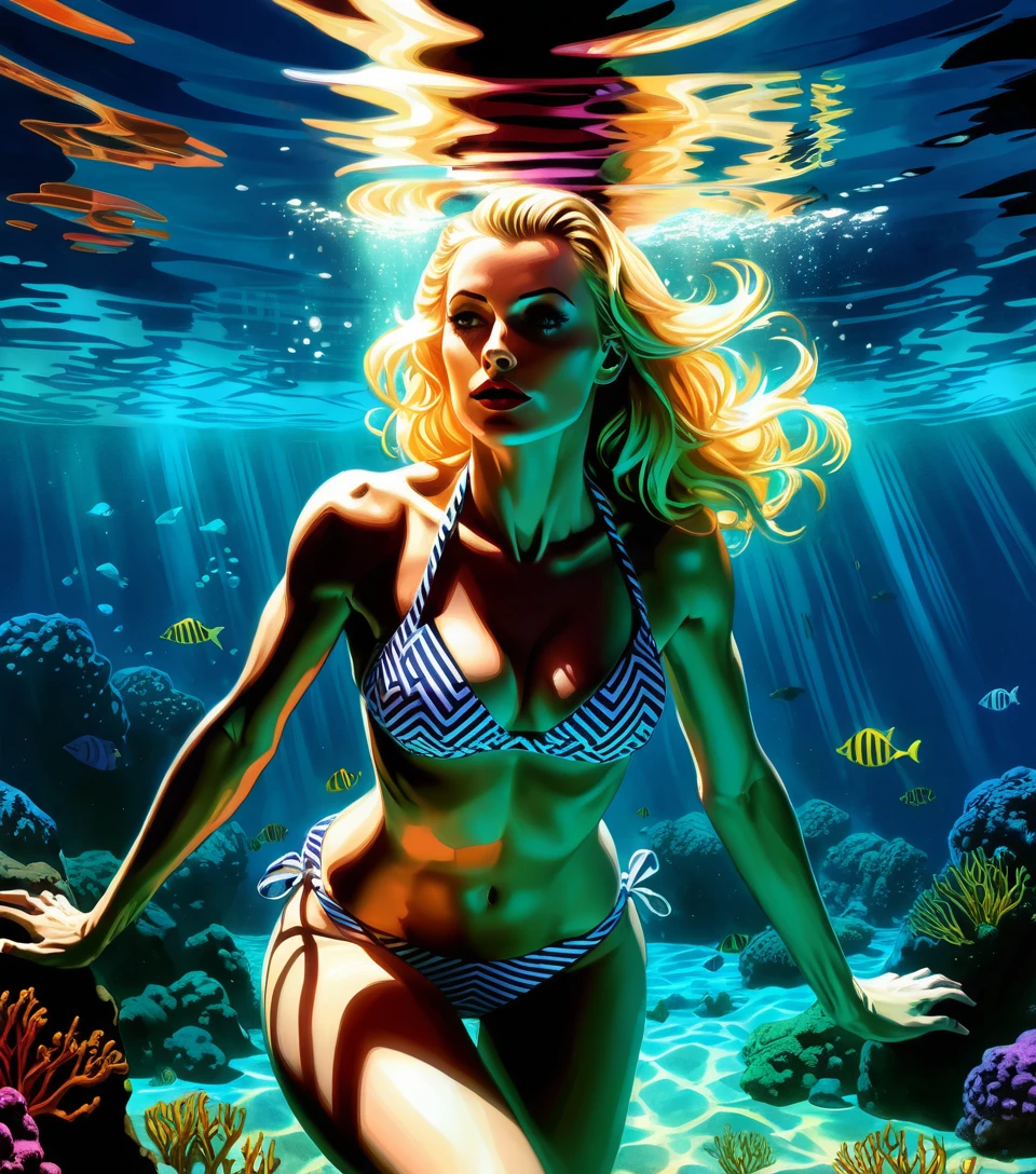 Femme blonde éthérée en bikini flottant dans une lueur sous-marine