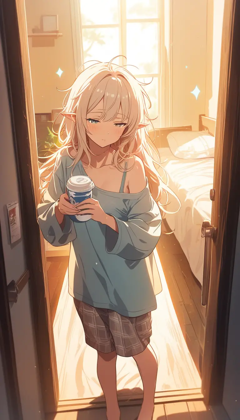 Sleepy anime girl pouring milk in a cozy apartment doorway