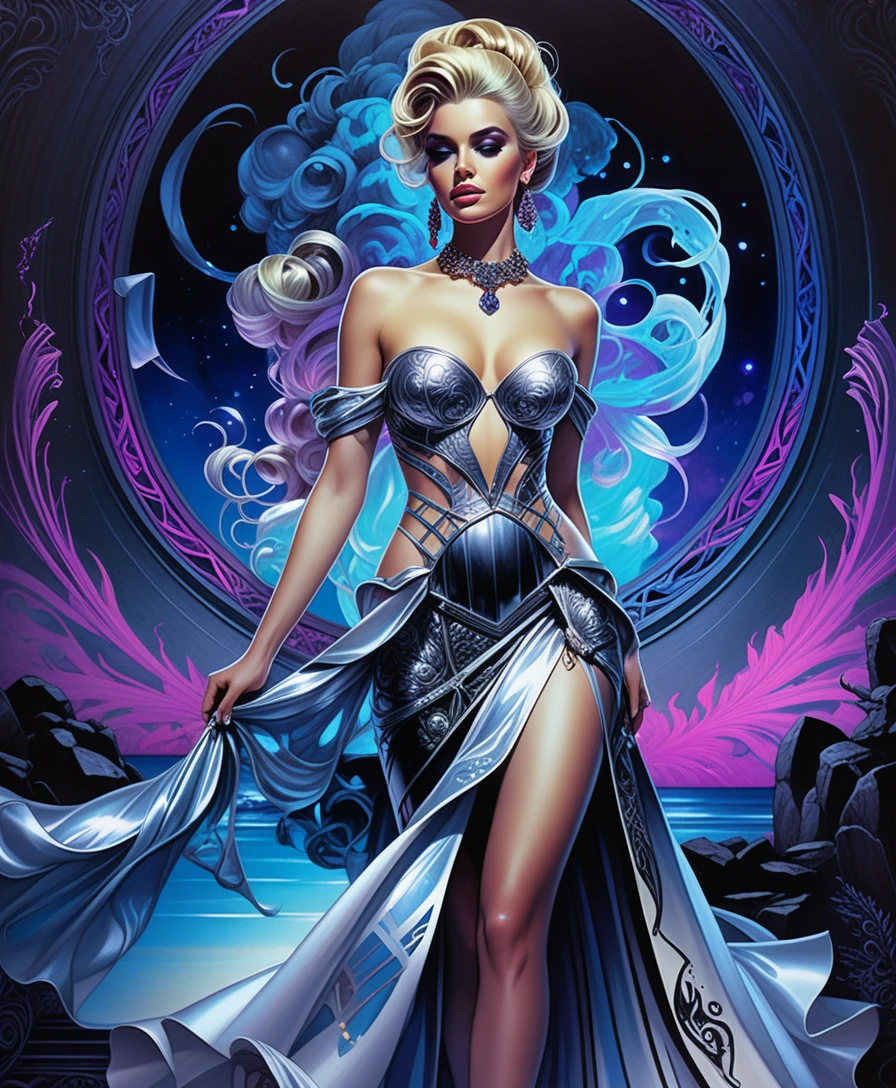 Elegant blonde woman in blue gradient gown at gallery