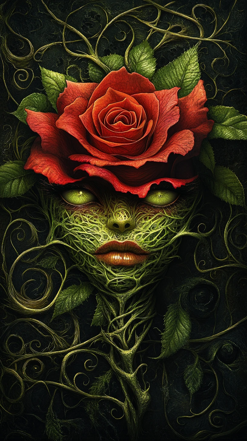 Rosa surreale che emerge da un oscuro e contorto regno fantasy