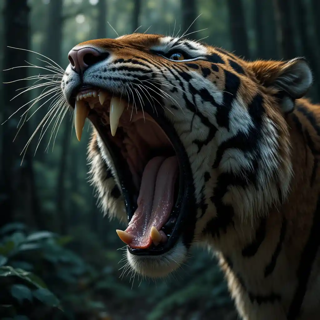 Tigre ruggente in primo piano con denti dettagliati nella foresta