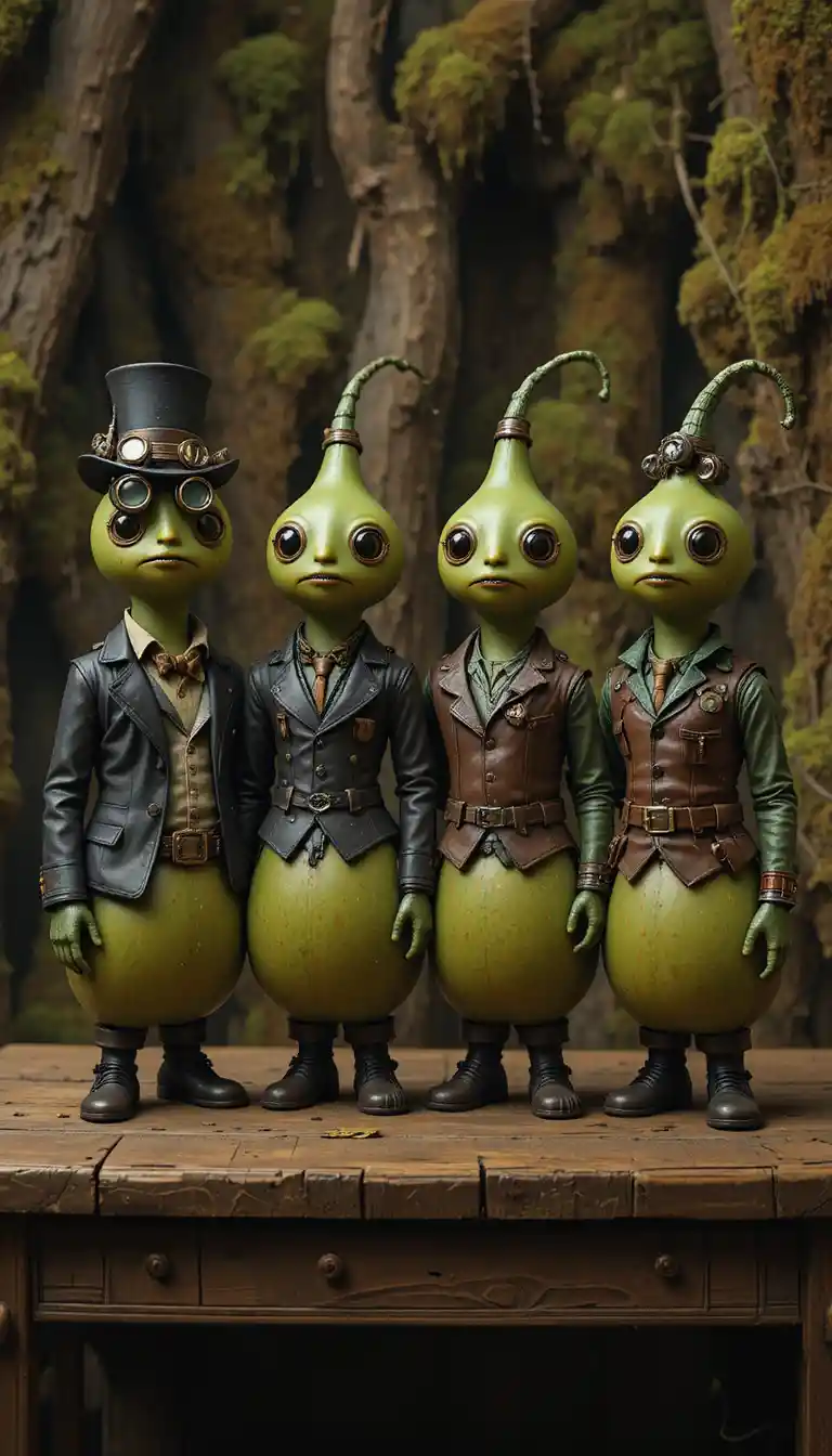 Zucca Verde Steampunk Allineate su un Tavolo di Legno