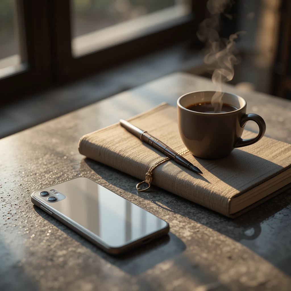 Minimalistisches Flatlay mit Smartphone, Notizbuch, Stift und Kaffee