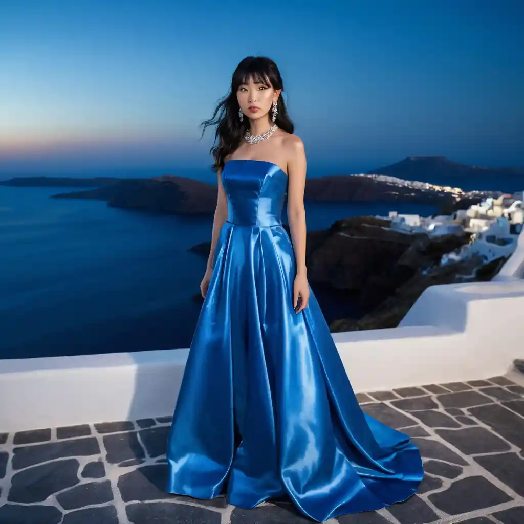 Elegant woman in blue satin gown at Santorini night