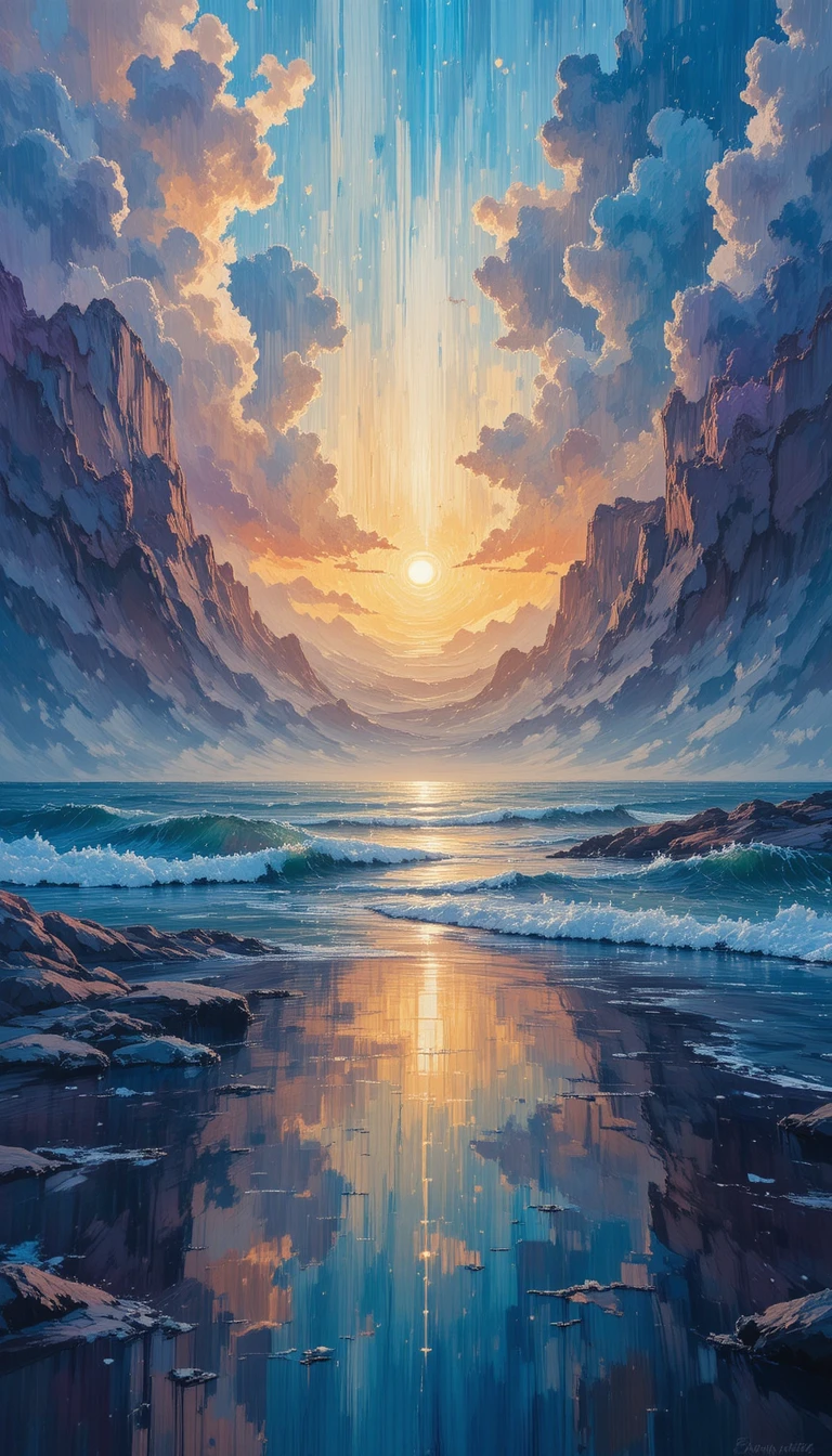 Dipinto impasto con spatola di un mare riflettente