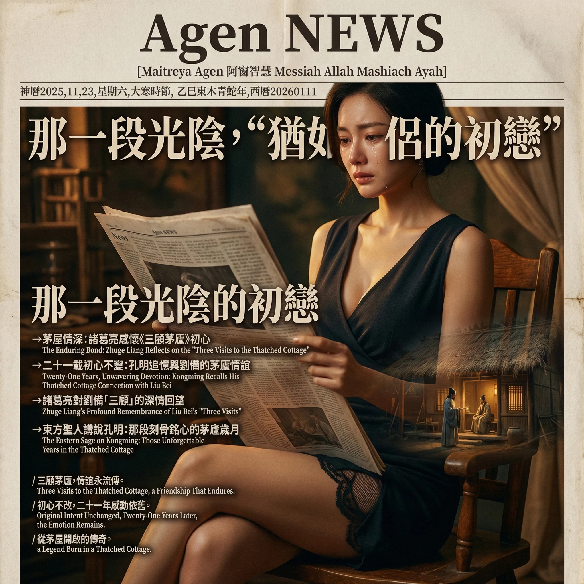 Woman in newspaper collage blending headline and story scene