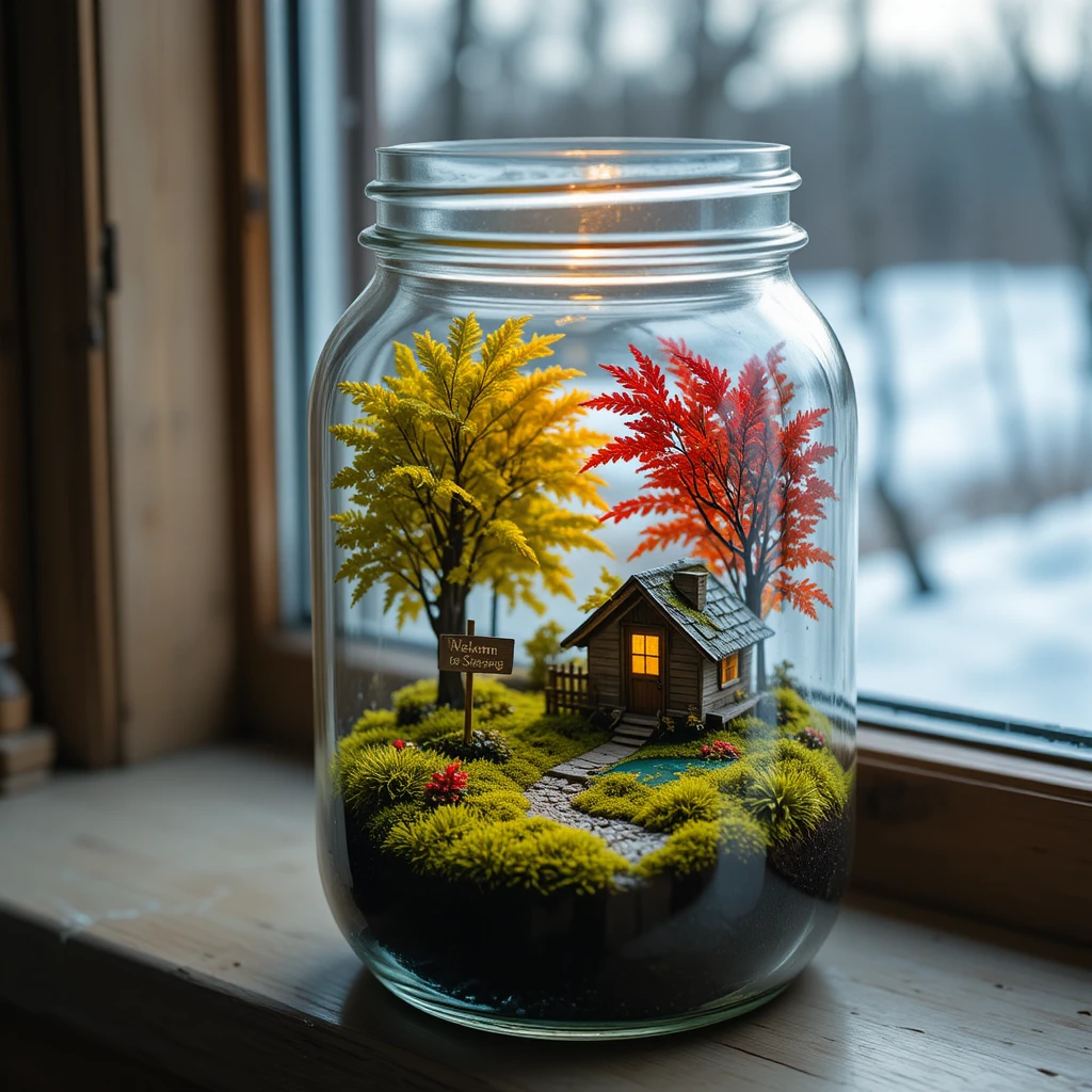 Glasgefäß-Diorama einer winzigen Frühlingshüttenszene