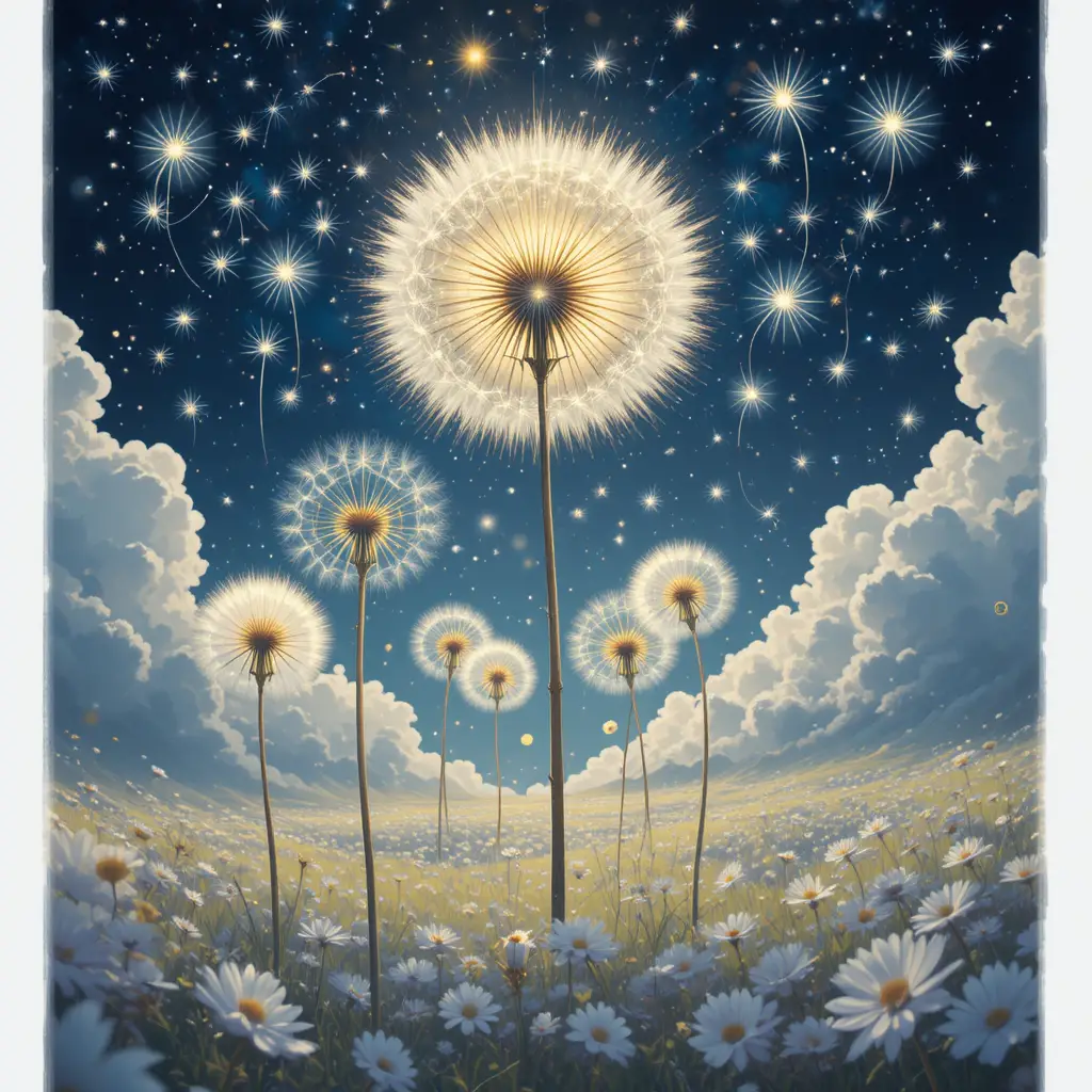 Realistisch leuchtende Löwenzahnblüten in einer traumhaften Himmelslandschaft