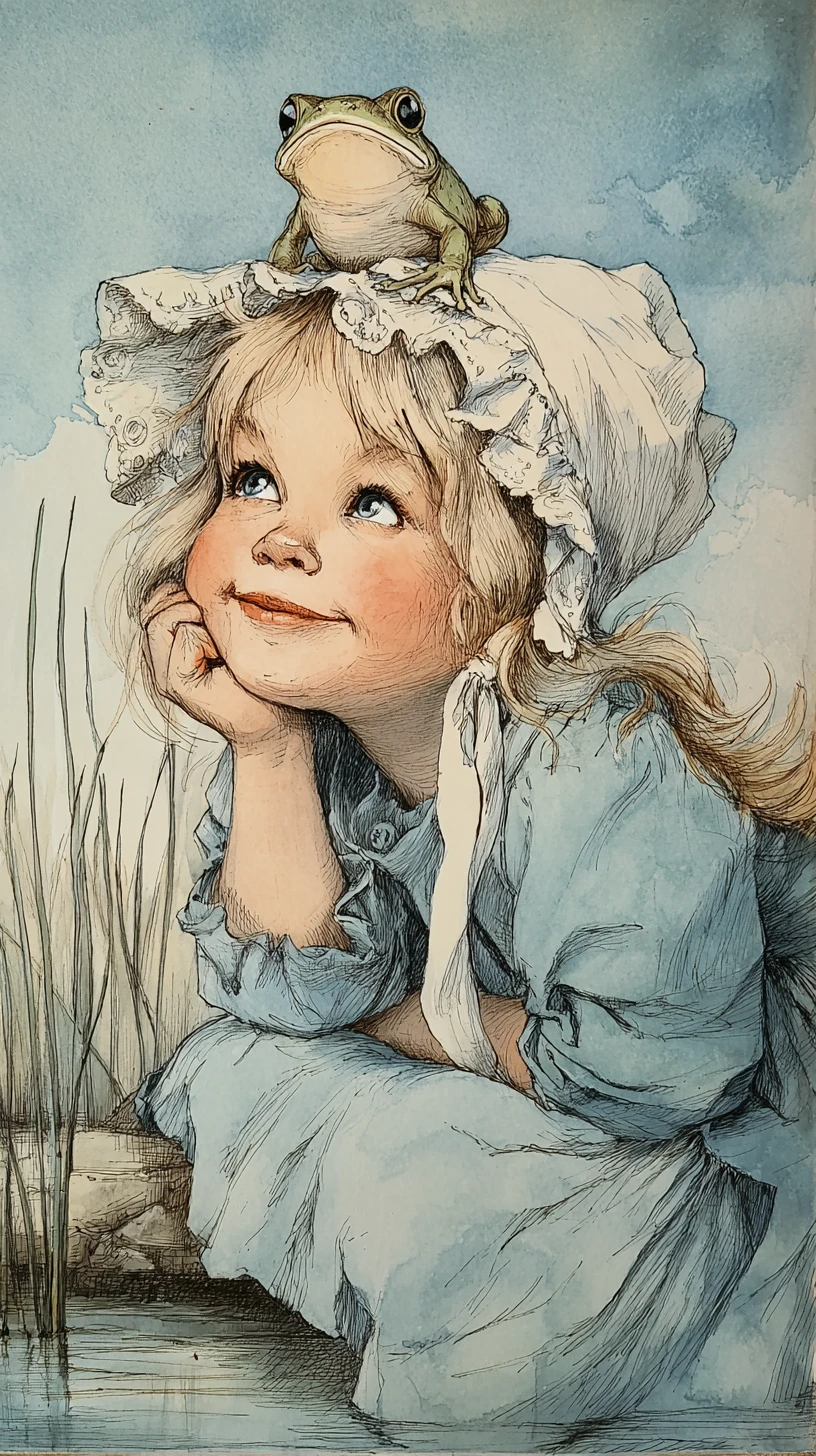 Whimsical girl portrait with frog in soft watercolor scene