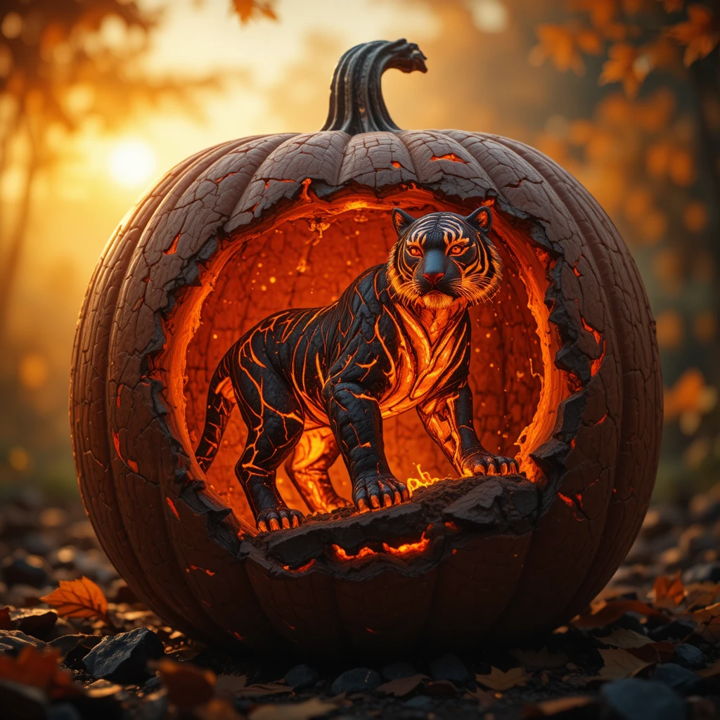 Glowing carved pumpkin revealing a lava rock tiger