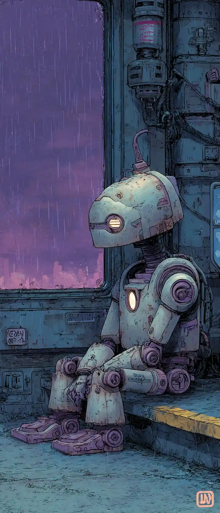 Robot triste seduto da solo in un ambiente industriale