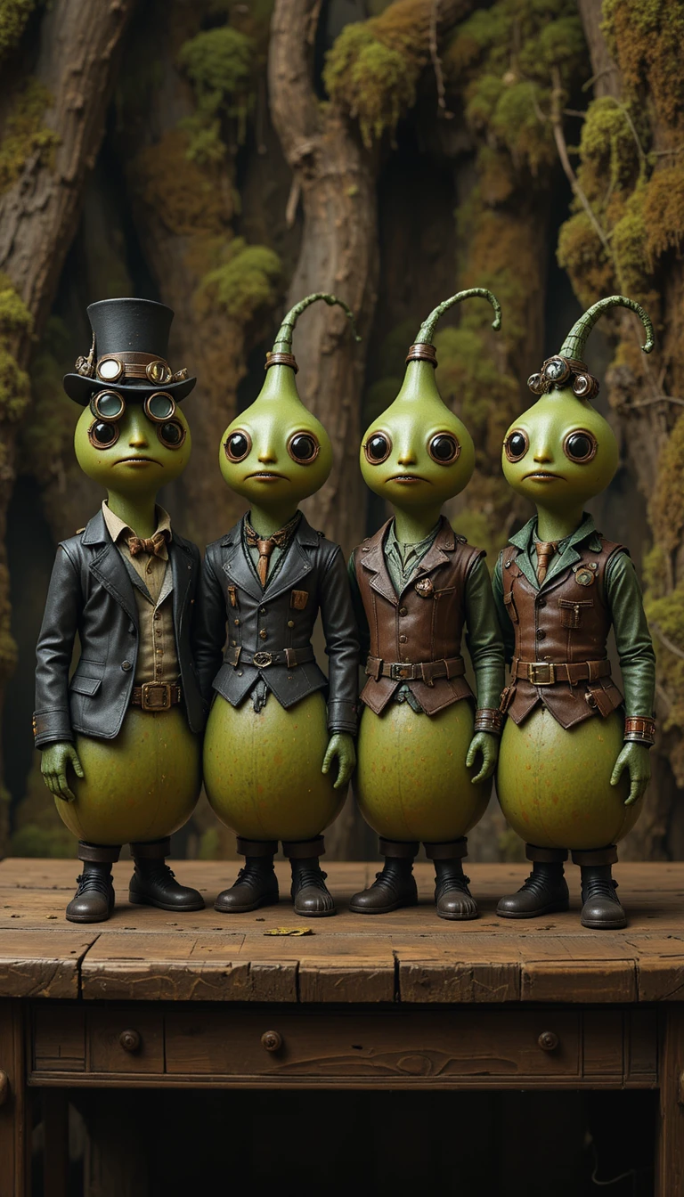 Zucca Verde Steampunk Allineate su un Tavolo di Legno