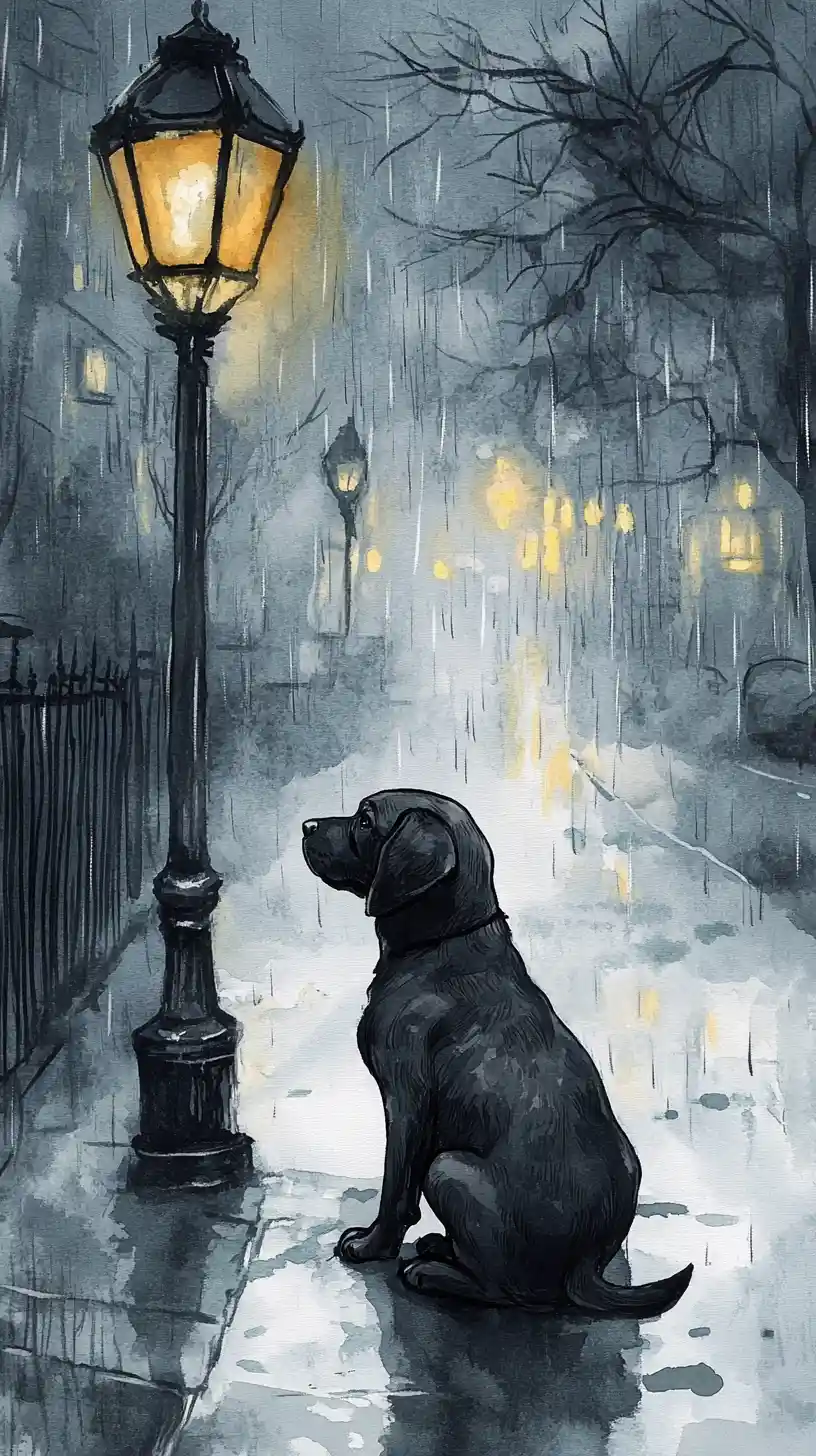 雨夜轉角路燈下的黑色小狗