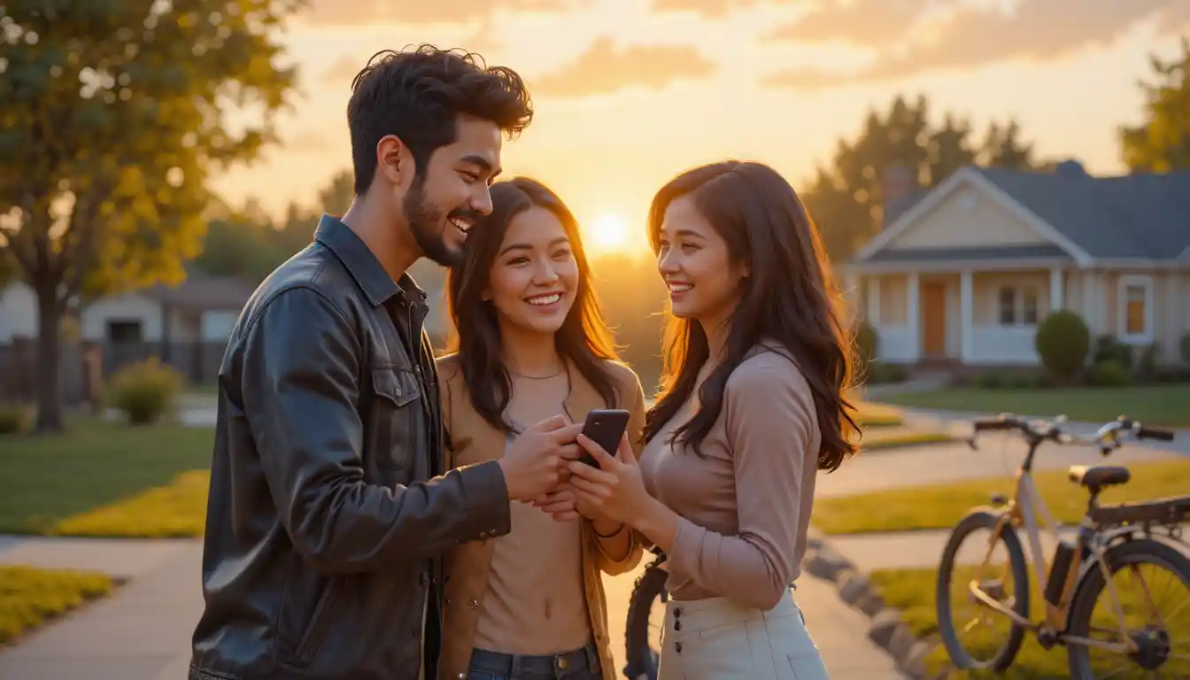 Young man gifting smartphone to parents at sunset