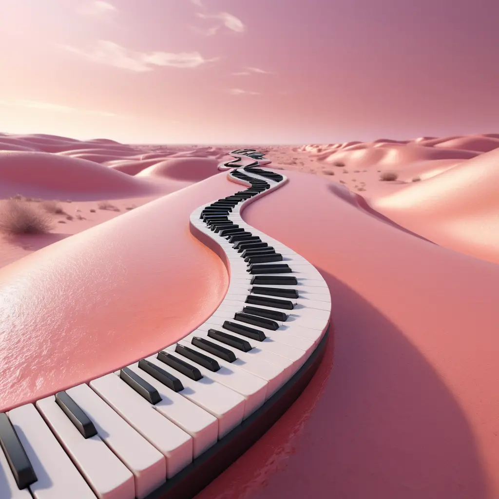 Curving Piano Pathway Winding Through A Pink Liquid Desert