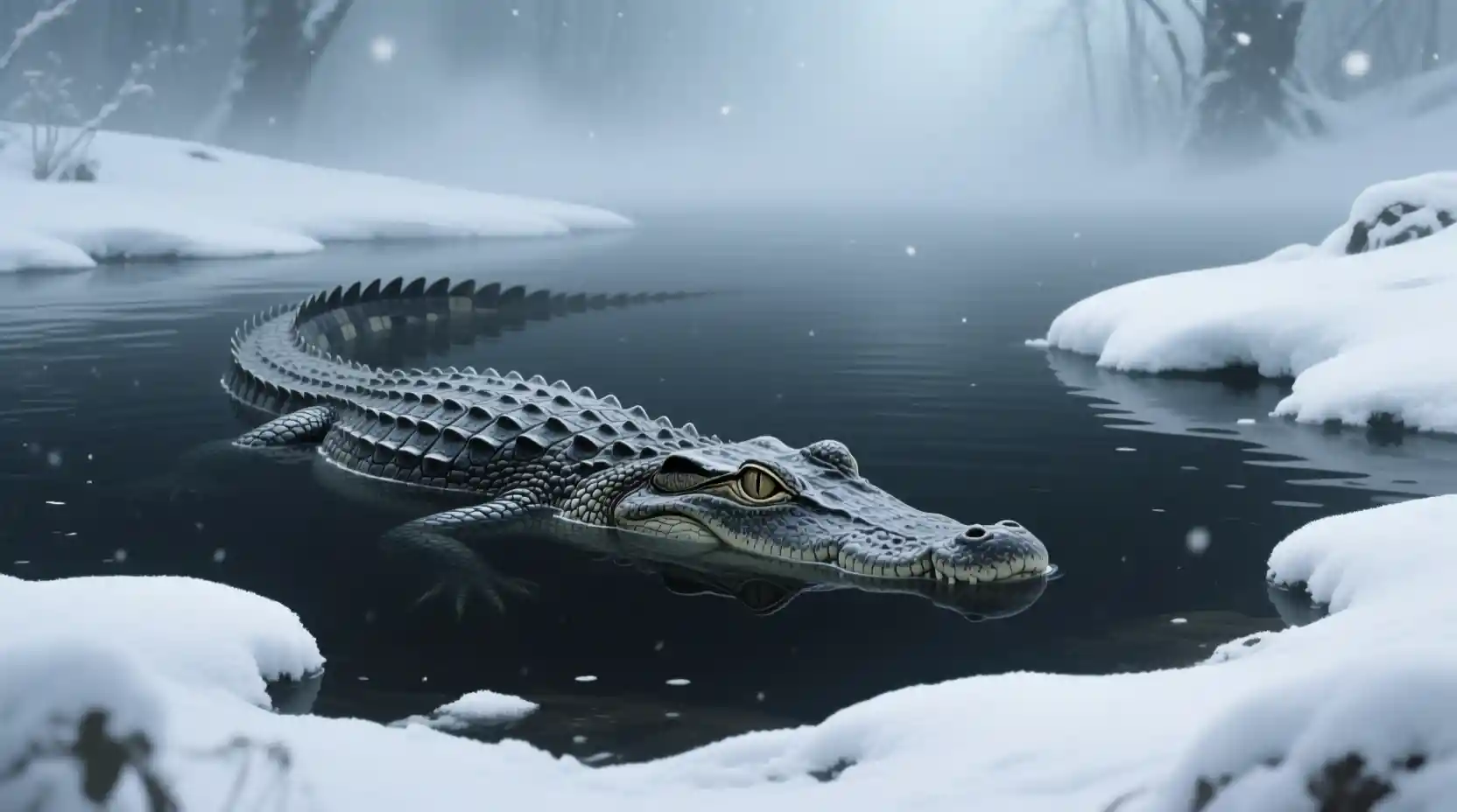 Crocodile Watching From Dark Water In Silent Winter Snow