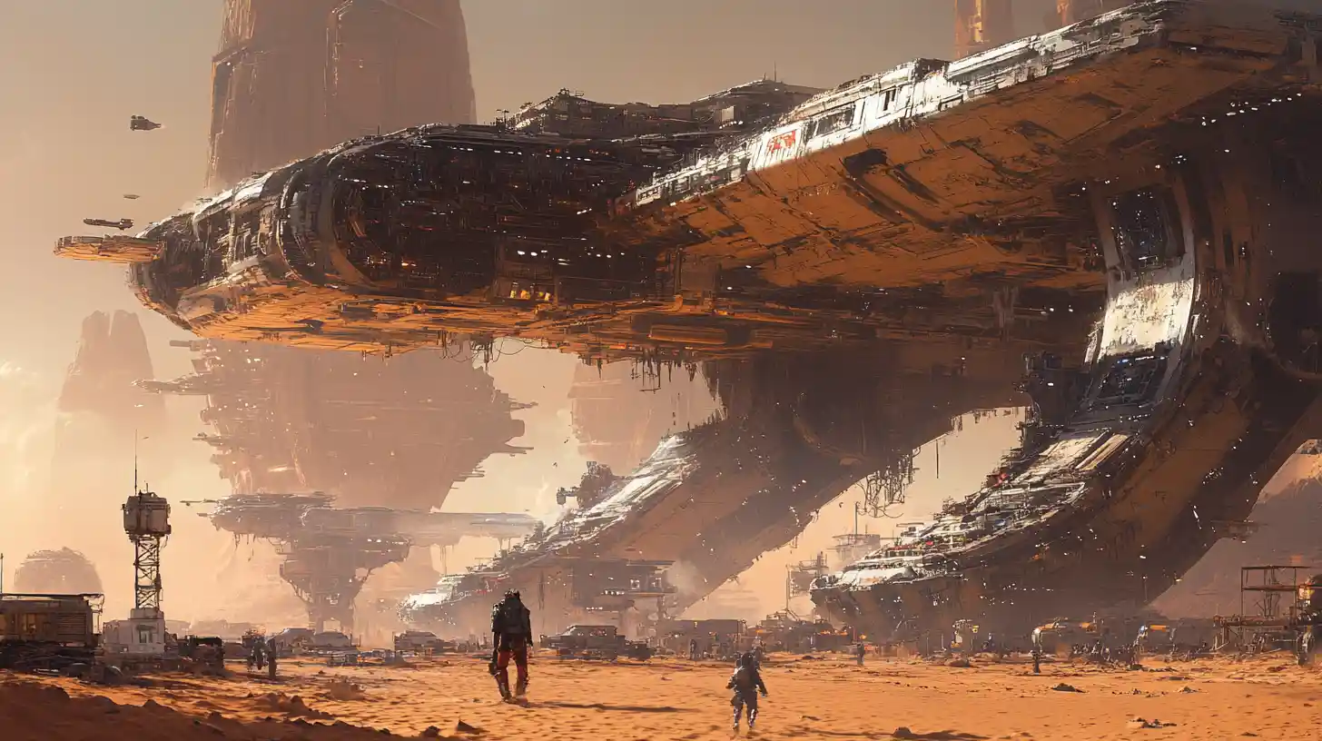 Gigantic spaceships under a vast desert refit station arch