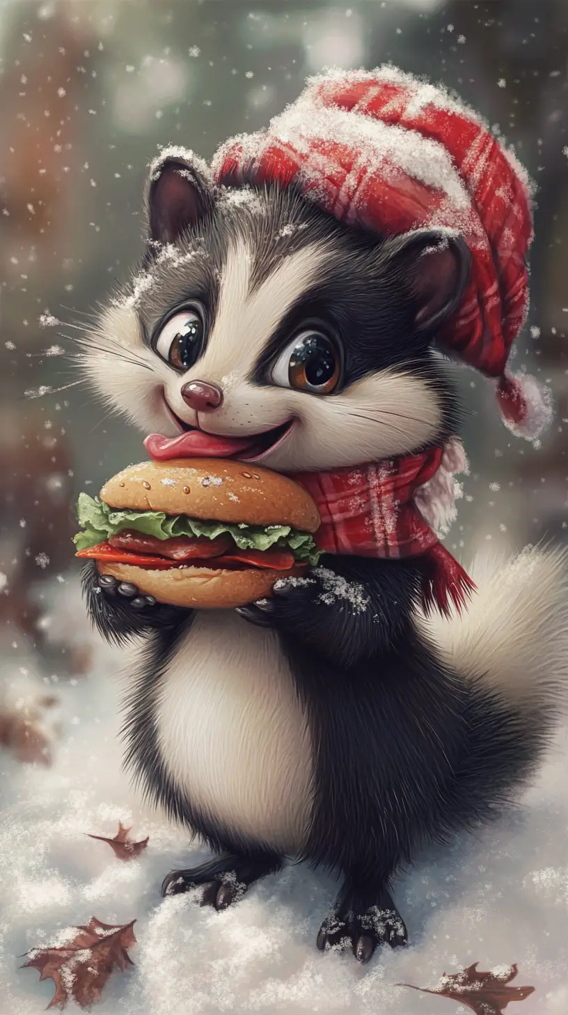 Cute winter skunk holding a burger illustration