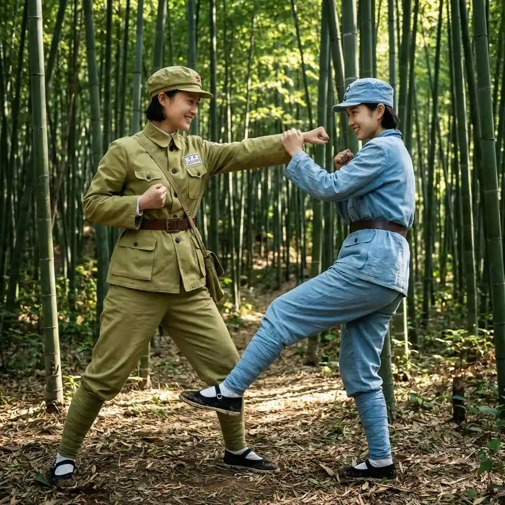 Chinese warrior sisters sparring in a peaceful bamboo forest