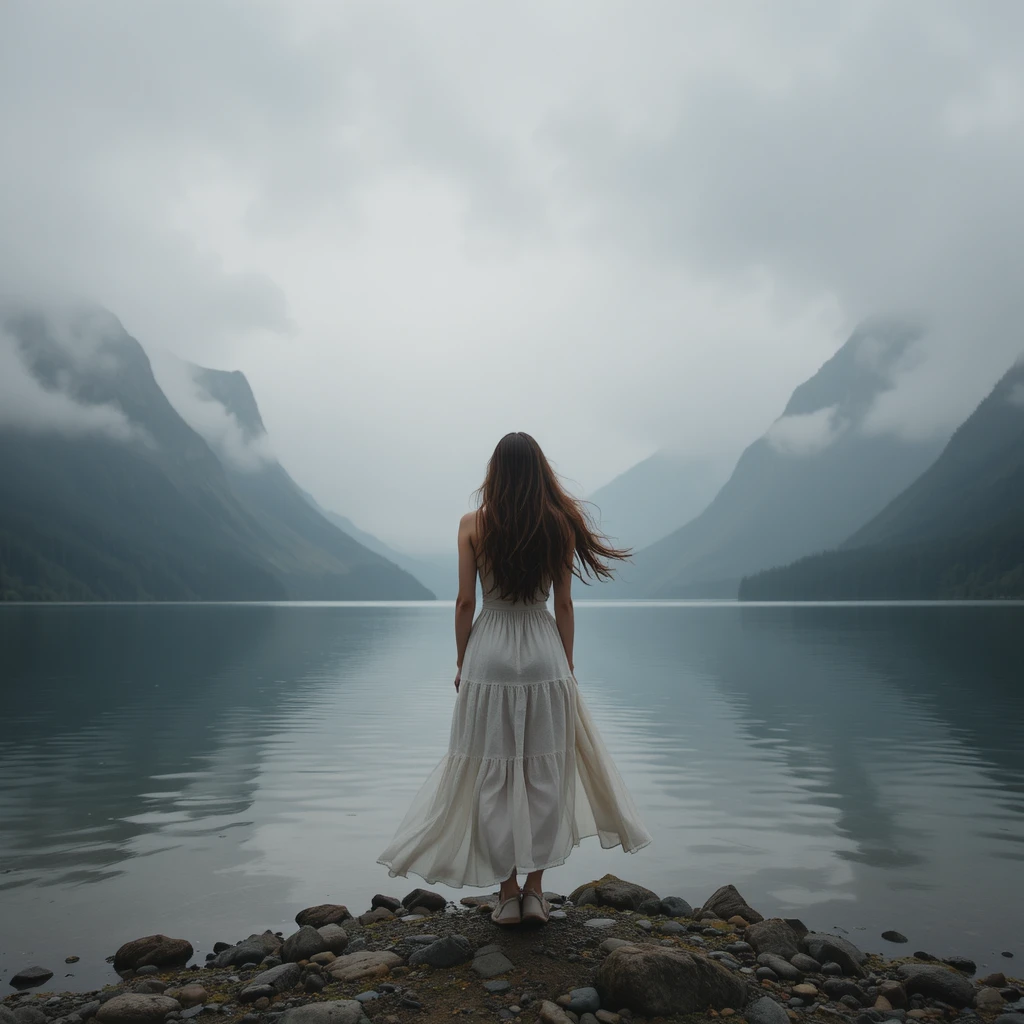 Woman by a misty mountain lake in gentle breeze