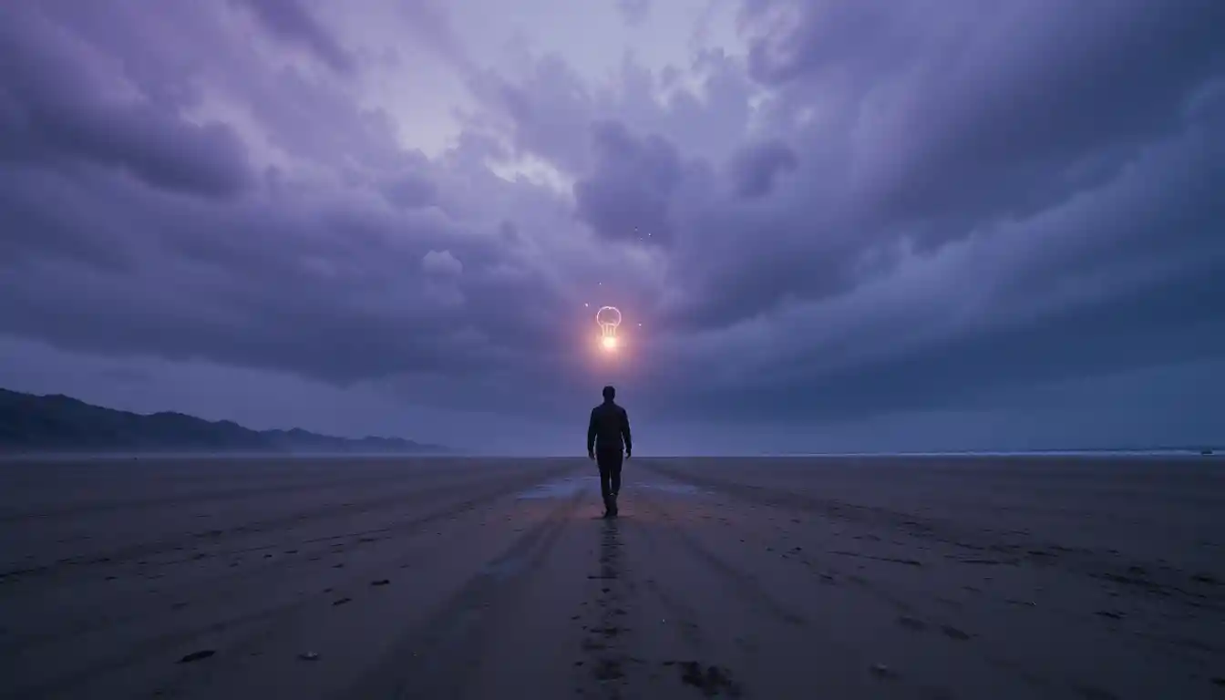 Einsame Gestalt, die an einem weiten, leeren Strand entlanggeht
