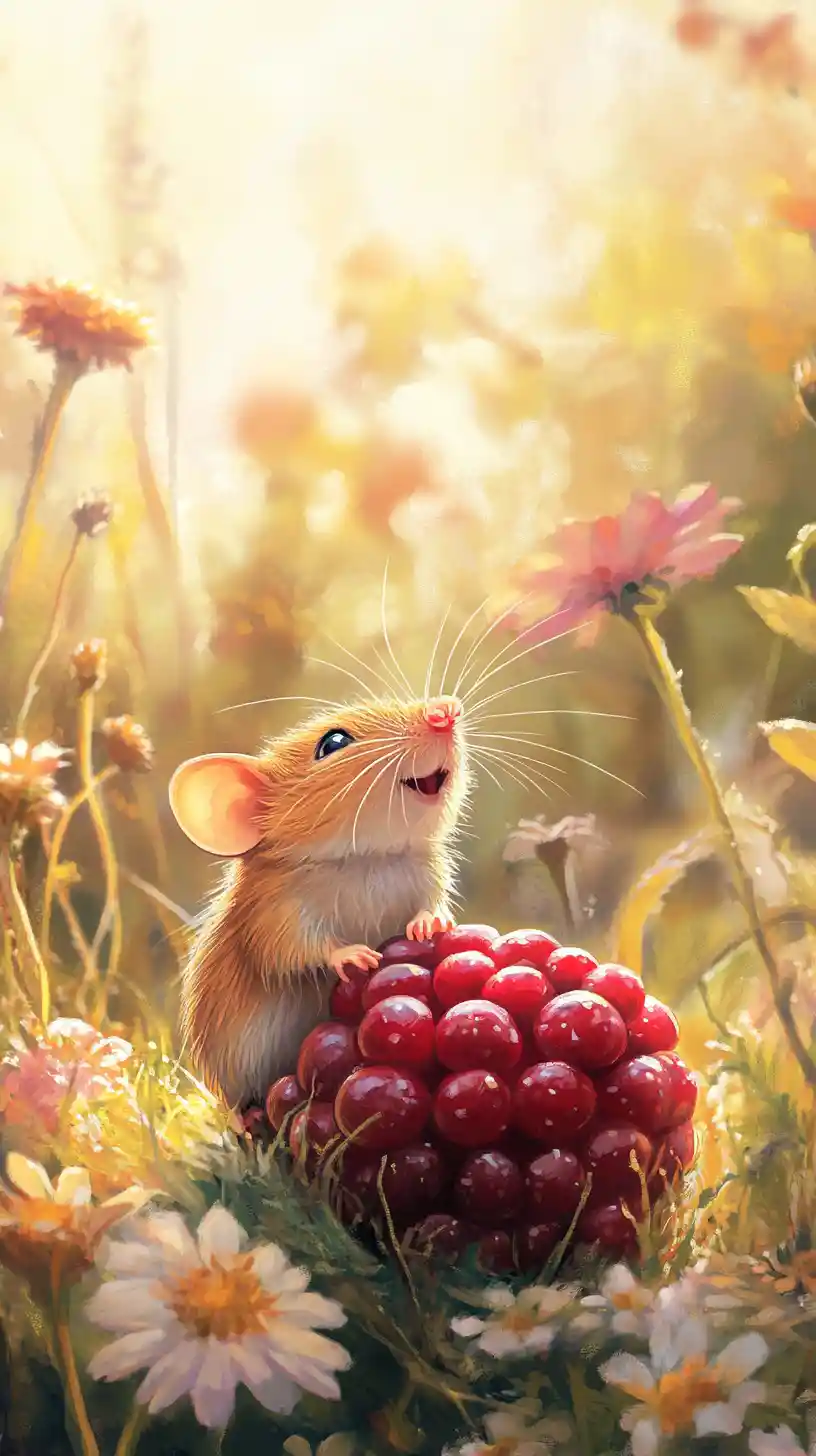 Little mouse pushing a berry in a sunny meadow