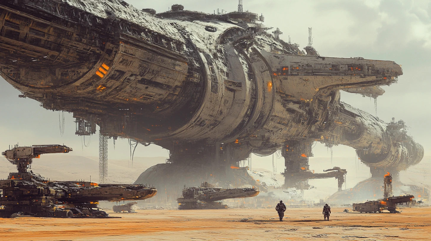 Gigantic spaceships under a colossal desert refit arch