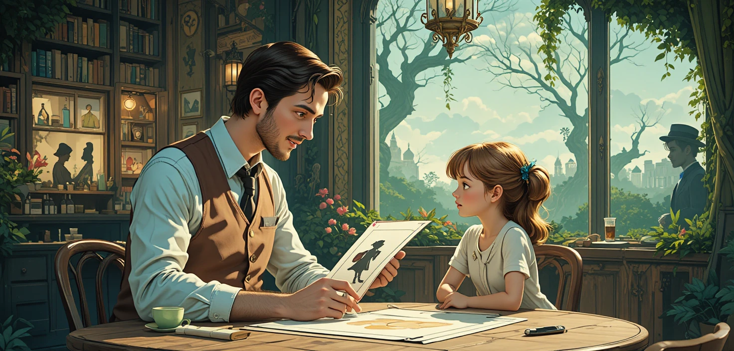 Artist sketching with a young girl in a cozy cafe