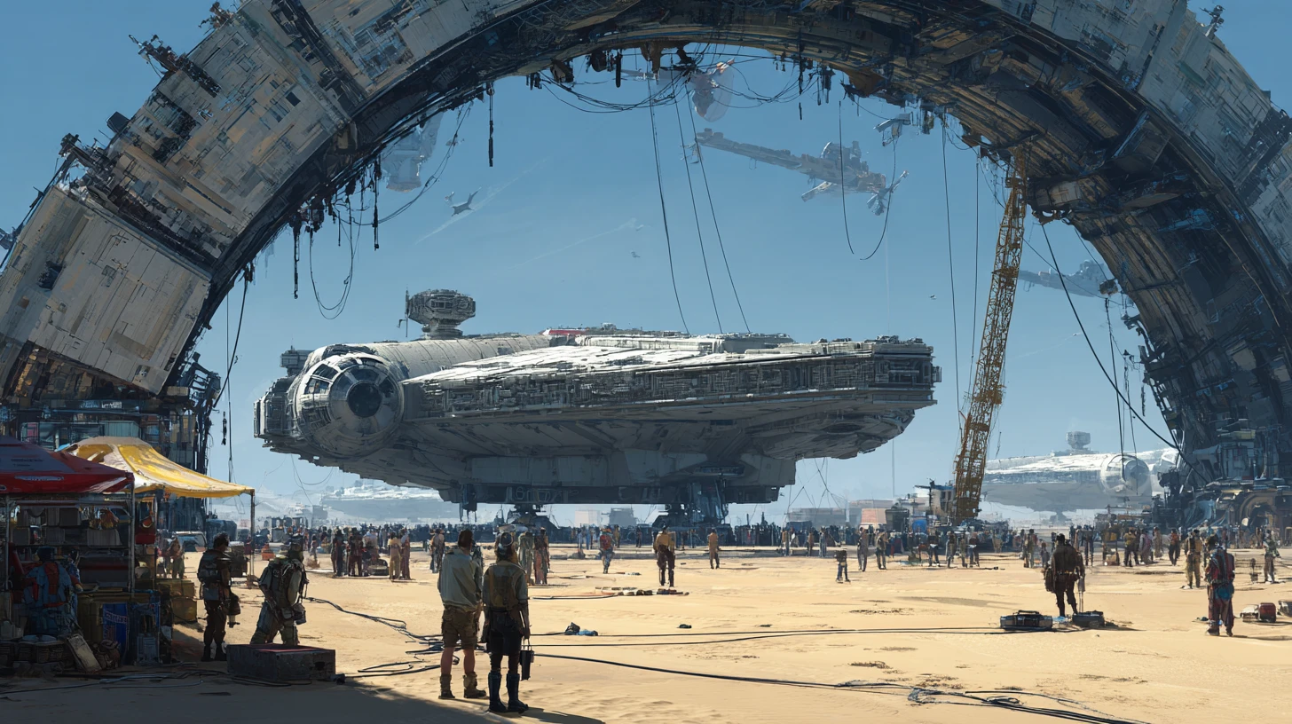 Gigantic spaceships under a futuristic desert refit arch